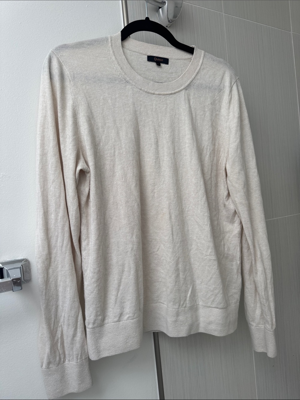 Quince Light Cream Crewneck Sweater Size L | Soft Knit | Ribbed Cuffs |